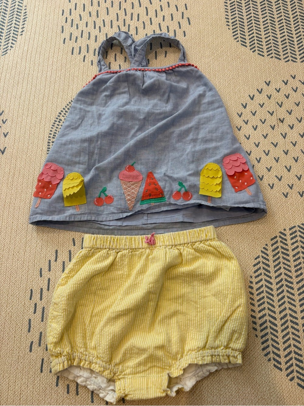 Baby Boden Blue Embroidered Treat Top with Yellow Striped Bloomers